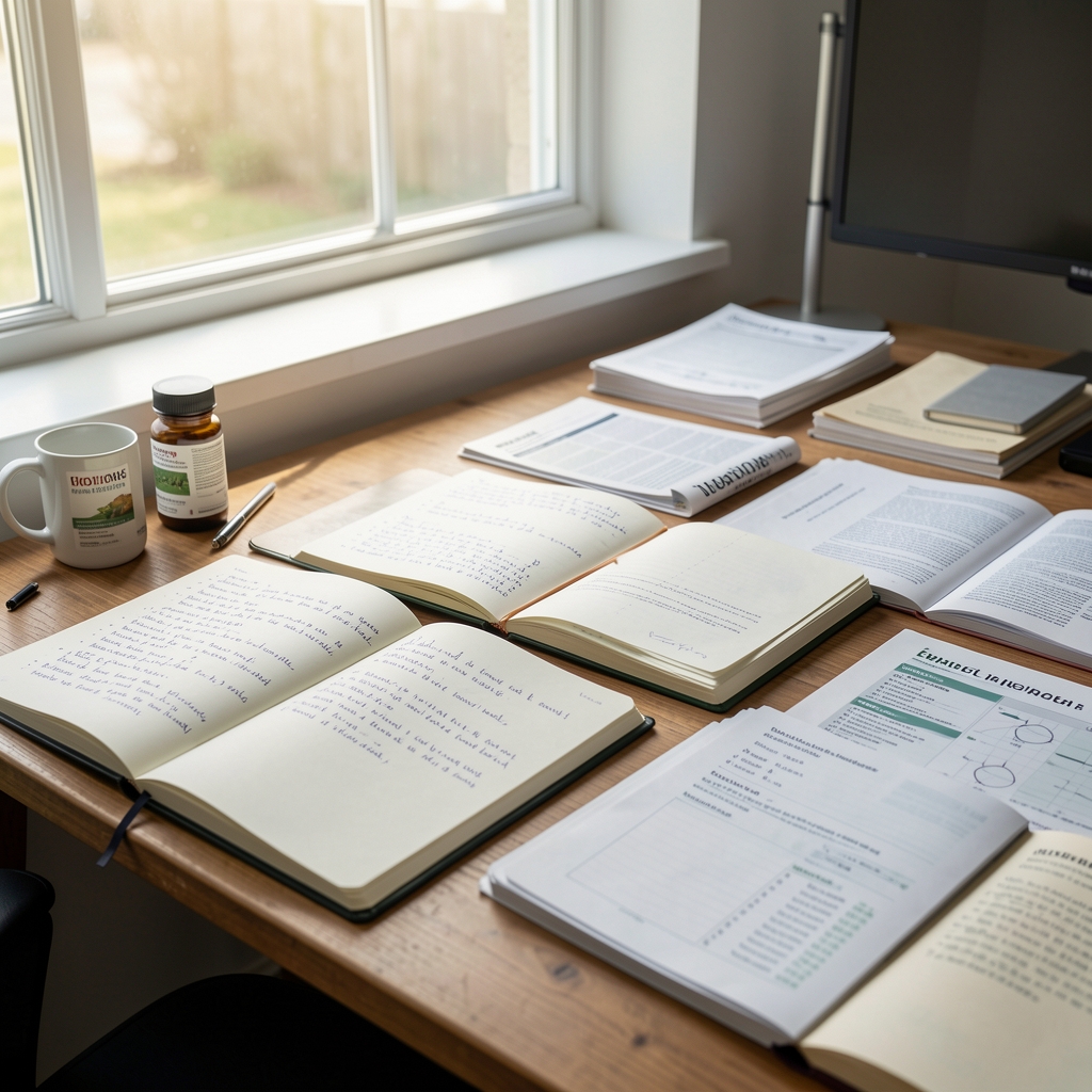 Editorial workspace with open research notebooks, supplement reference materials, and natural morning light through a window