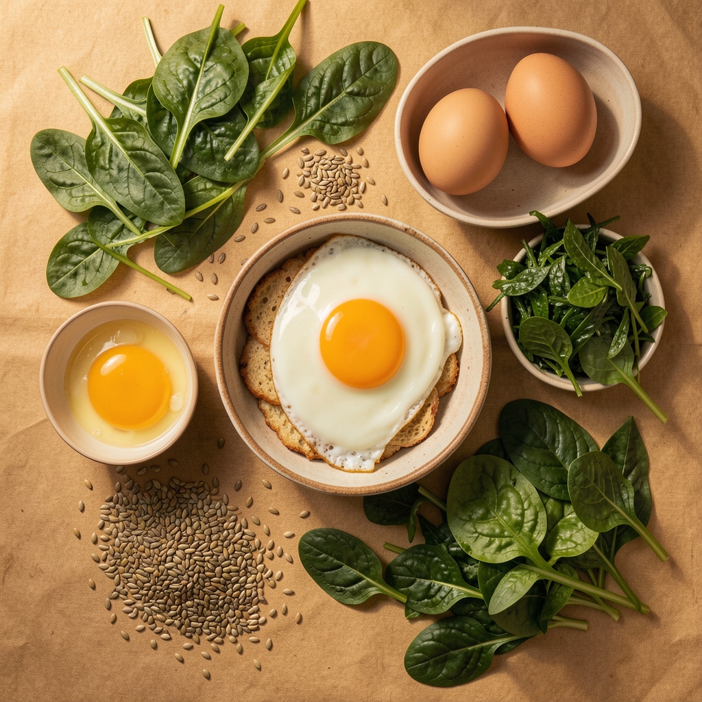 Whole foods flat lay featuring eggs, leafy greens and seeds on a warm editorial surface, overhead composition