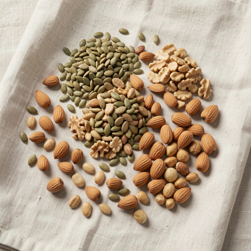 Zinc-rich seeds, nuts and whole foods arranged on pale linen cloth, minimal editorial flat lay