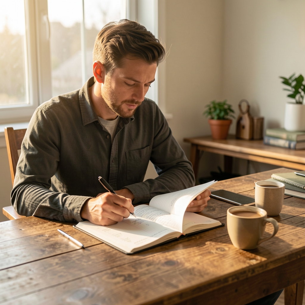 Man reviewing a daily nutrition journal at a wooden desk in early morning light, coffee beside him