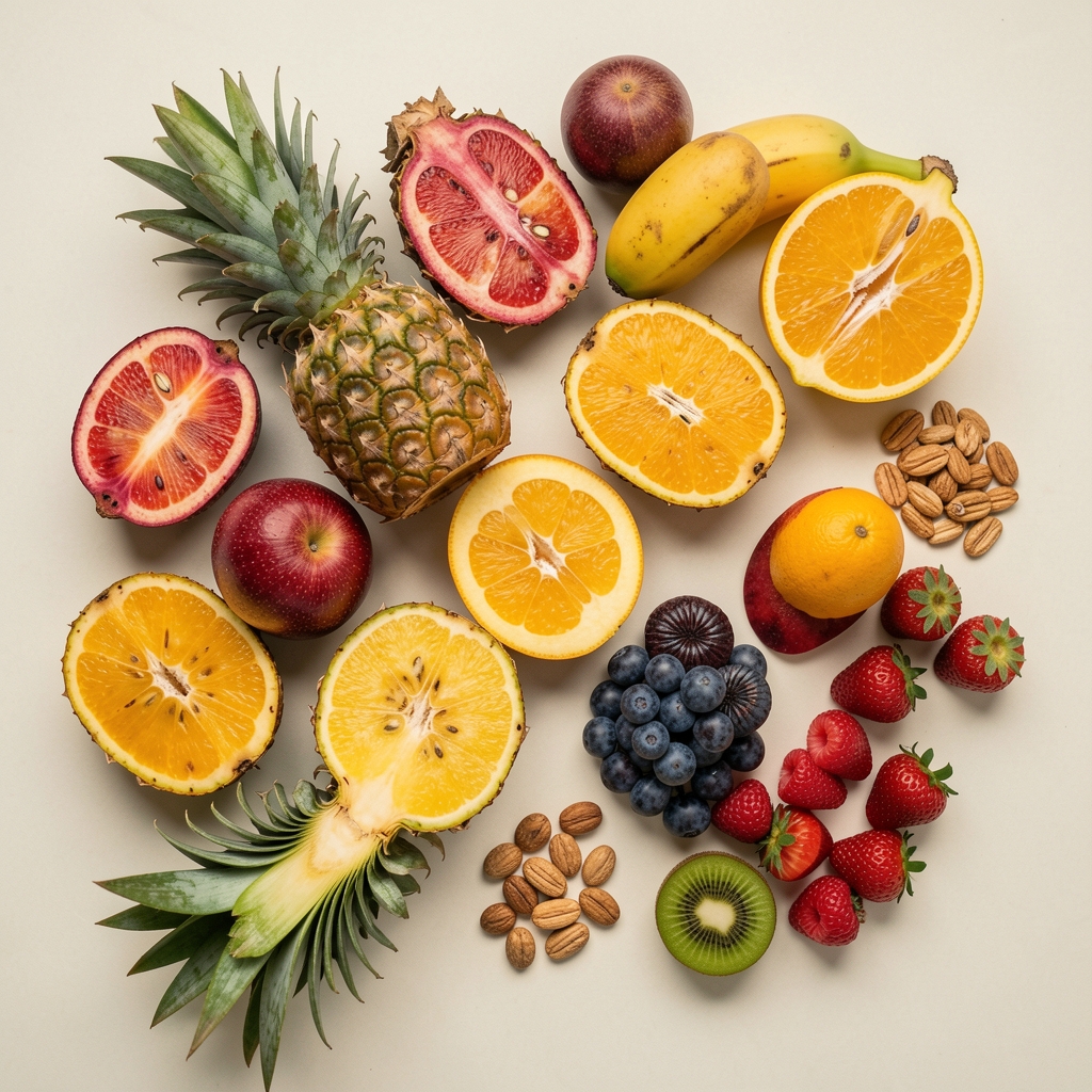 Colourful tropical fruits and whole foods arranged on a neutral pale surface, overhead editorial photography