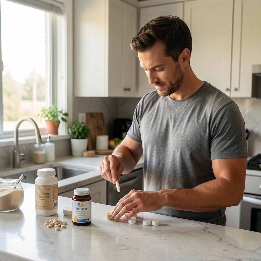 Active man preparing morning supplement routine at kitchen counter, natural daylight, editorial composition