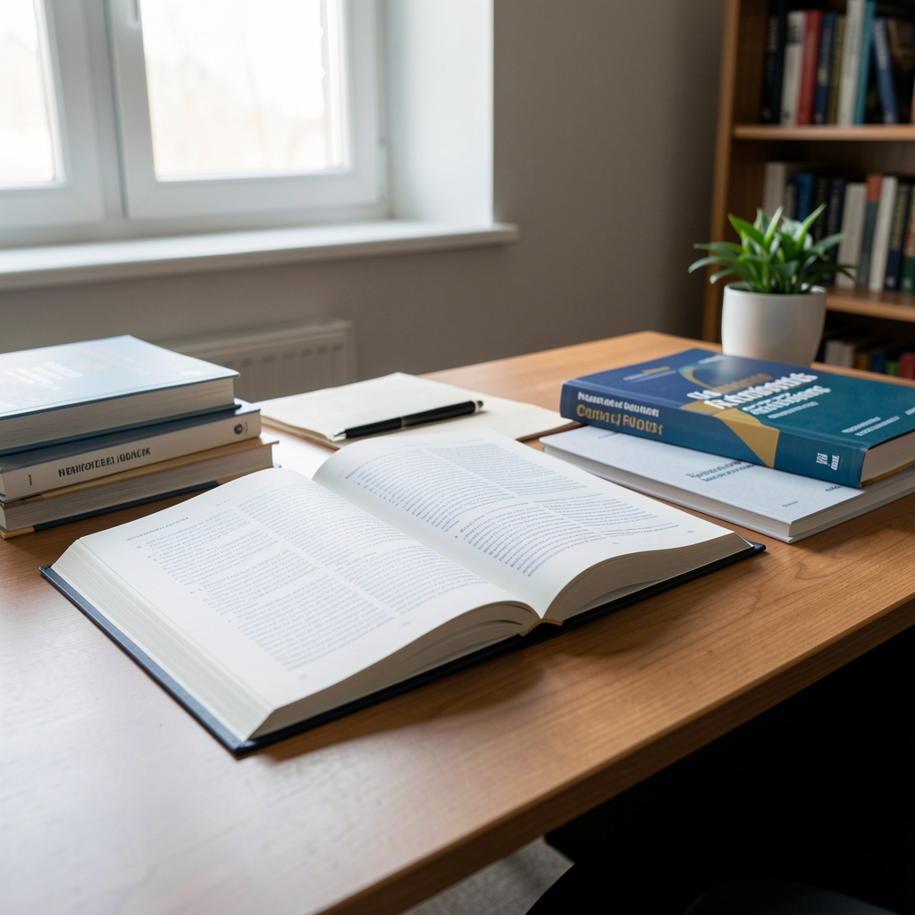 Open nutritional research journals and reference books on an editorial desk with natural light and minimal composition
